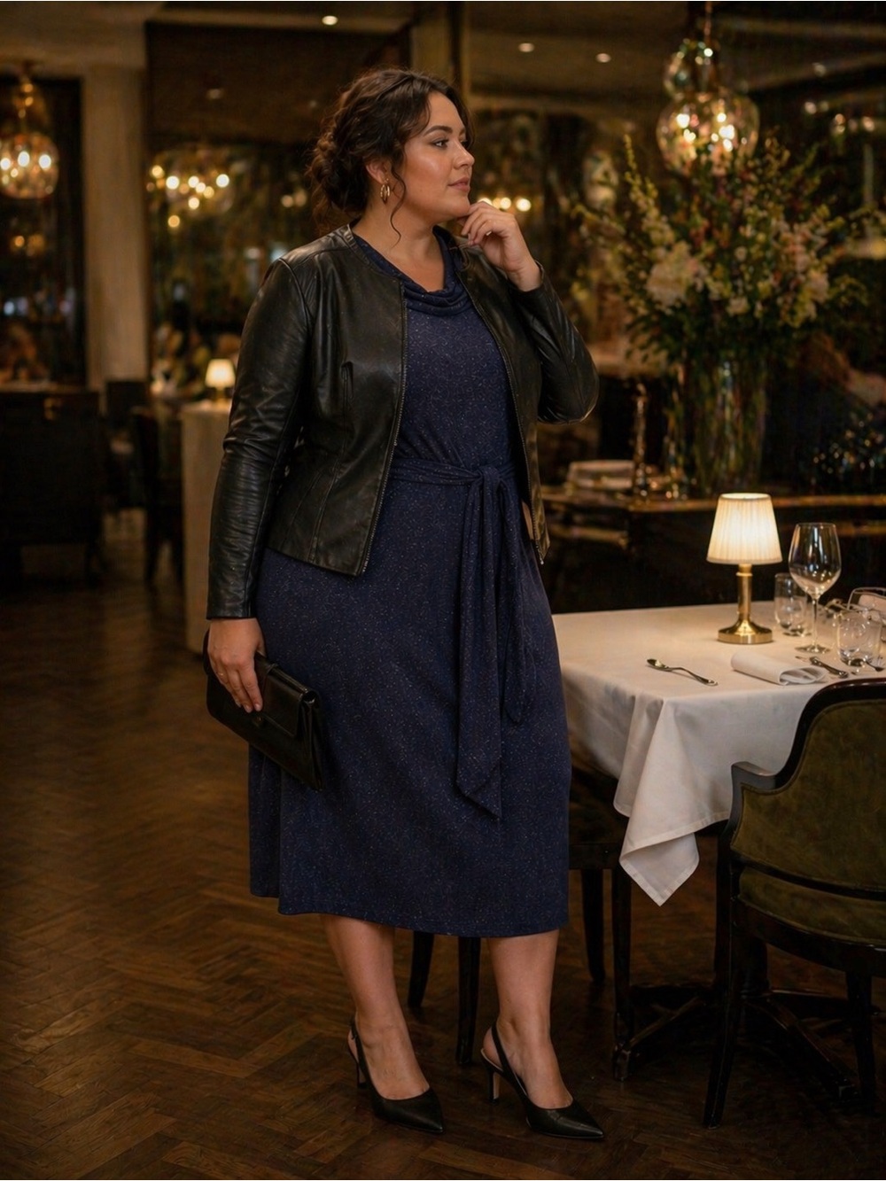 Market & Spruce Navy Shimmer Midi Dress | Long Sleeve Tie Waist Dress | Elegant - Picture 4 of 8
